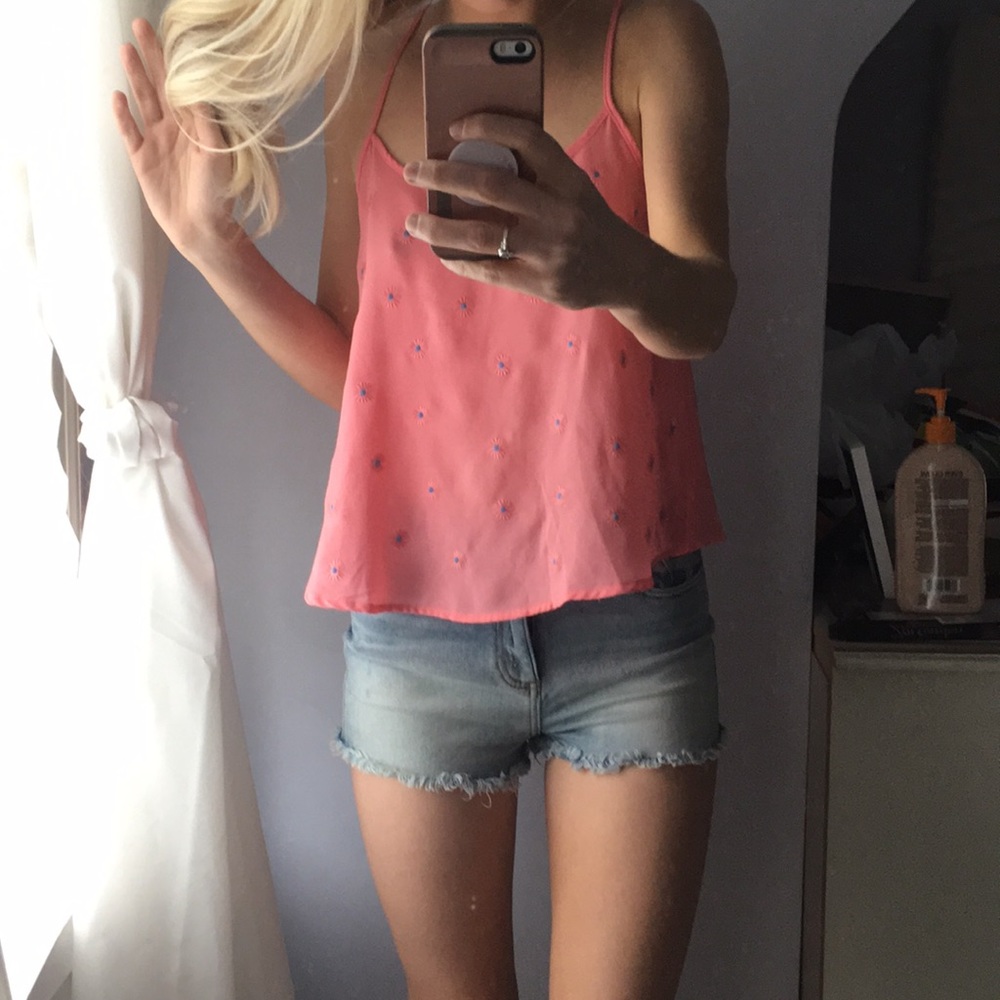 Pink tank with blue embroidered flowers